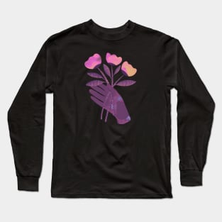 Purple hand with pink and yellow flowers for you on black Long Sleeve T-Shirt